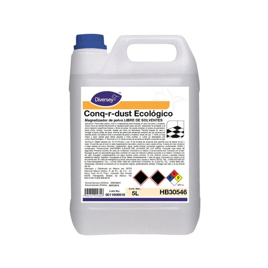 Envase de 5 litros del magnetizador de polvo ecológico Conq-r-dust de Diversey.