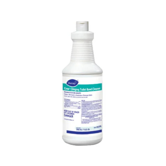 Botella de 32oz del limpiador desinfectante para inodoros Crew Clinging TBC, con su característico cuello angulado.