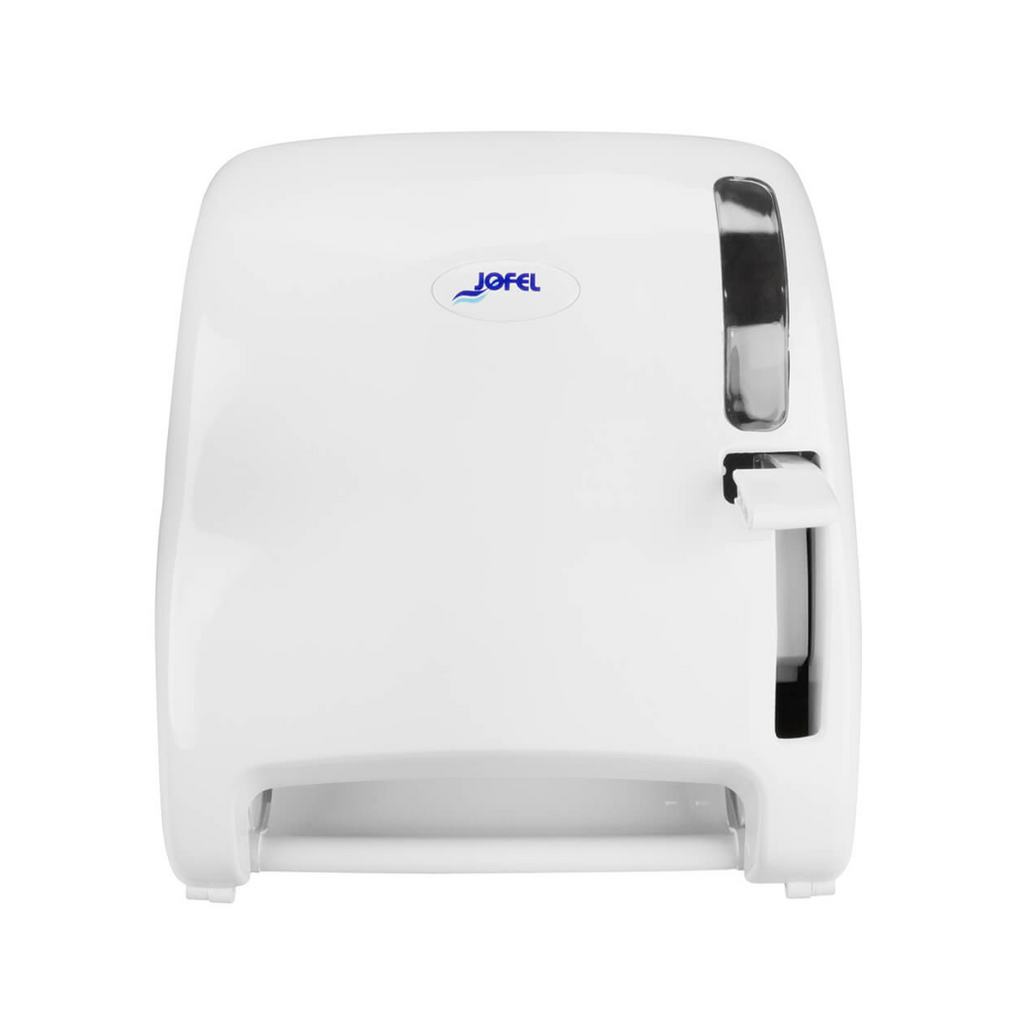 Dispensador de toalla en rollo con palanca | Jofel Azur AG16510 | Capacidad 180 m | Plástico ABS blanco