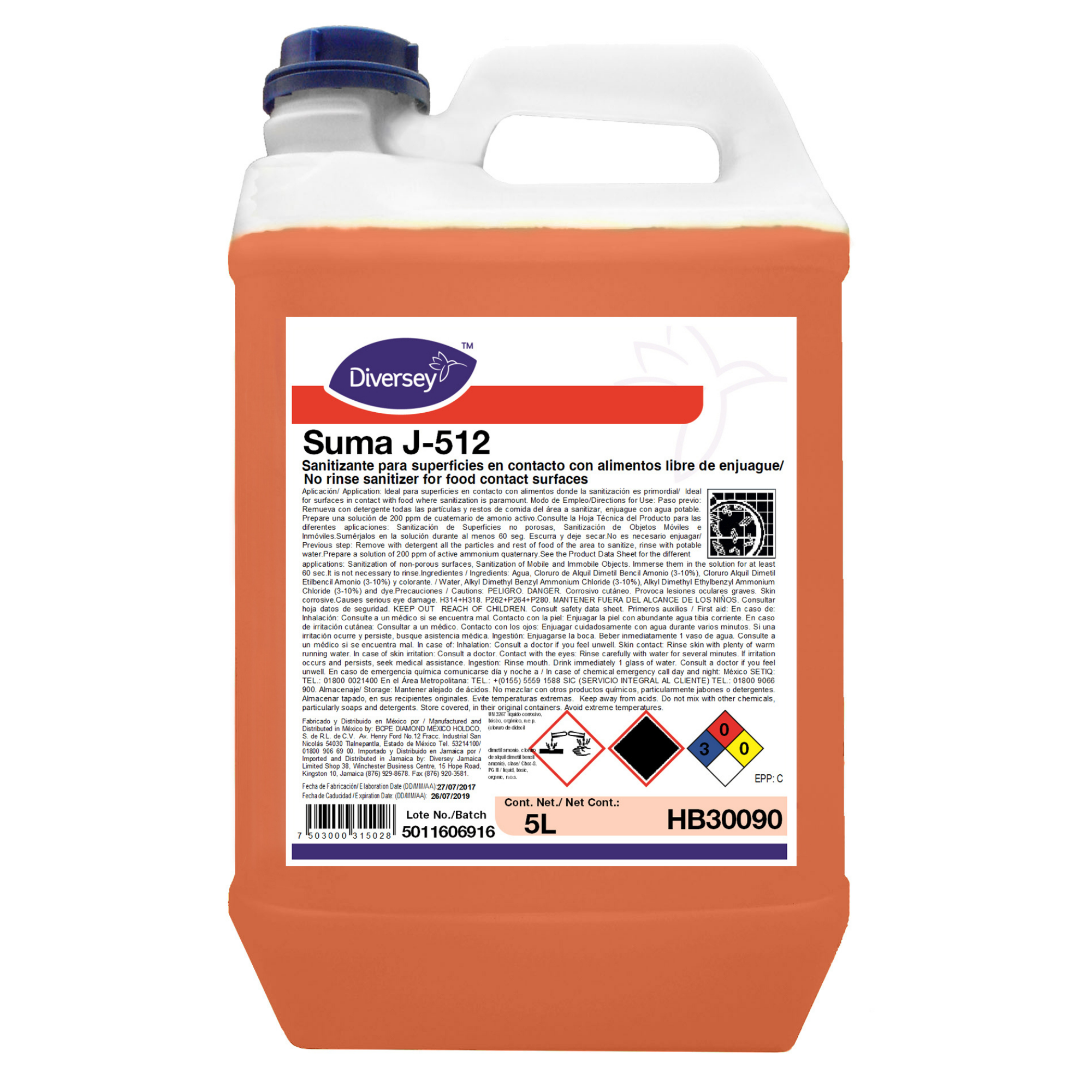 Sanitizante para Superficies con Alimentos Diversey J-512 4x5L