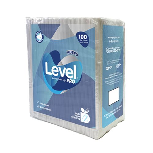 servilleta de lujo Level Pro incluye 100 servilletas de hoja doble, elaboradas con fibra virgen, que ofrecen suavidad, absorción y resistencia. Es ideal para vestir la mesa y para servicio, es ideal para para Hoteles, Restaurantes y Cafeterías.