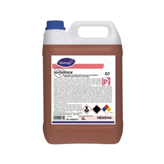 Envase de 5L del limpiador y abrillantador de acero inoxidable Suma Inox de Diversey.