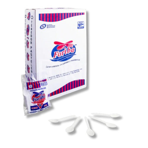 Cuchara pastelera Foriba | Caja con 60 paquetes de 50 piezas | Plástico blanco brillante