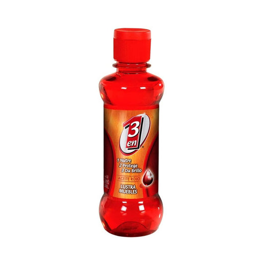 El aceite lustrador rojo de 3 en 1 de 480 mL es muy eficiente para limpiar cualquier superficie de madera, formaica o melamina.- Nutre, protege y da brillo en un solo paso, además de ser muy práctico al aplicar sobre superficies secas o maltratadas, protegiéndolas de la humedad que se genera en el ambiente y eliminando de forma efectiva el polvo y las manchas.