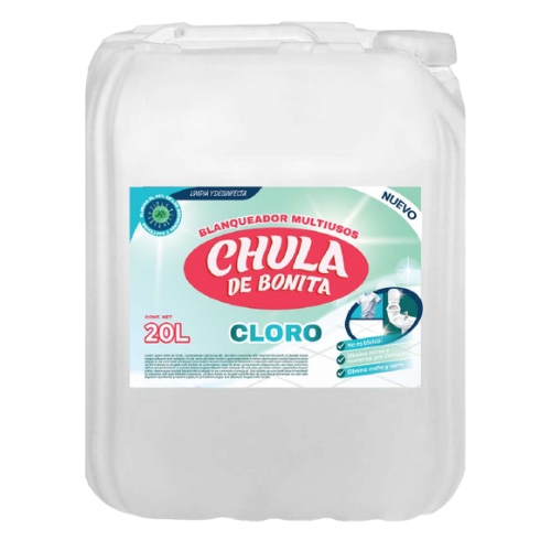 blanqueador-multiusos-cloro-chula-de-bonita-20l.jpg: Garrafa de 20 litros de Blanqueador Multiusos Cloro de CHULA DE BONITA, con etiqueta en color rojo