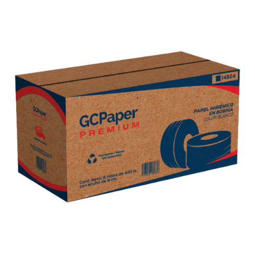 gcp-higienico-bobina-400m-batp.jpg: Rollo de papel higiénico GCPAPER de 400 metros, destacando su tecnología BATP®
