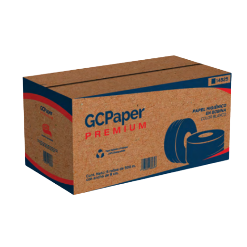 gcpaper-higienico-bobina-premium-500m-fibra-virgen-14825.jpg: Rollo de papel higiénico GCPAPER Premium HD de 500 metros, 100% fibra virgen.