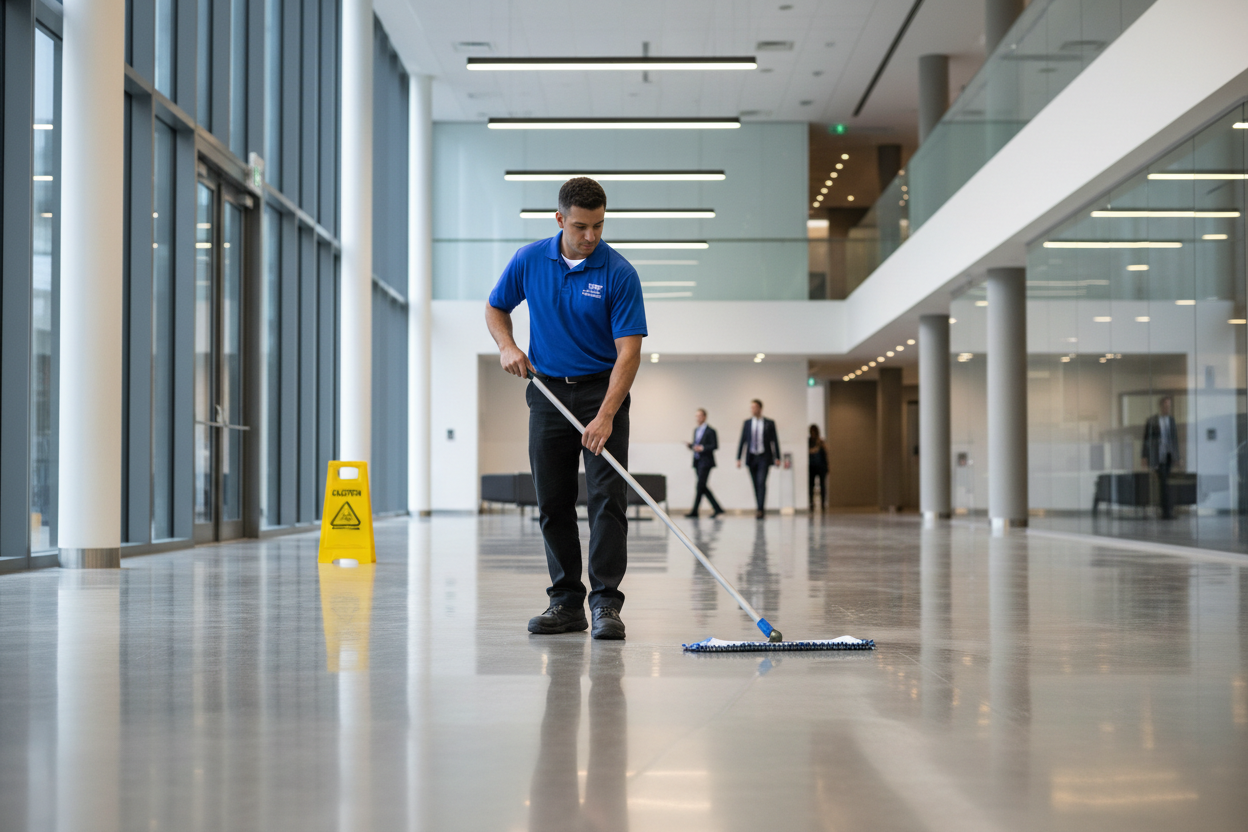 Hombre de limpieza mopeando un edificio.