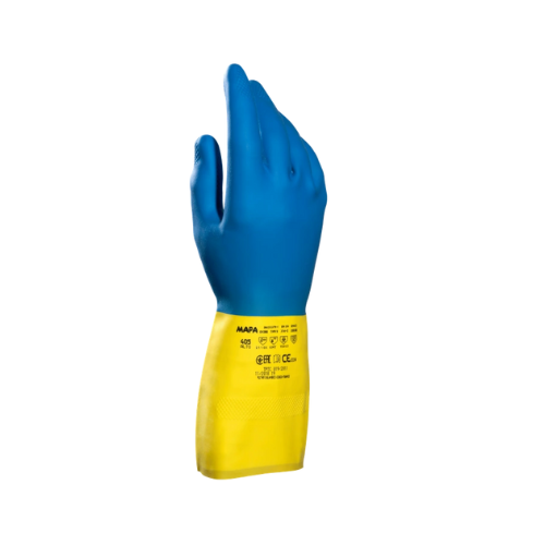 mapa-guante-alto-405-activated-azul-amarillo.jpg: Guante Alto 405 Activated de MAPA PROFESSIONNEL en color azul y amarillo, mostrando su textura grabada.