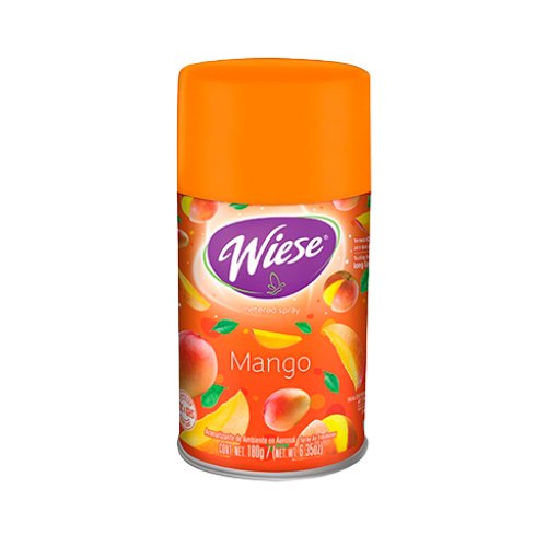 wiese-repuesto-aromatizante-aerosol-180g-varios-aromas.jpg: Línea de repuestos de Aromatizante Wiese de 180g con varios aromas (naranja, azul, rojo) para dispensador automático.